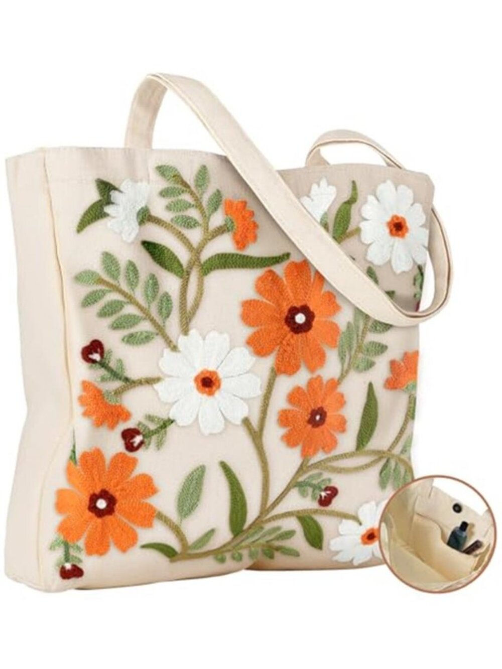 Floral Embroidered Canvas Tote Bag Cottagecore Shoulder Shopper